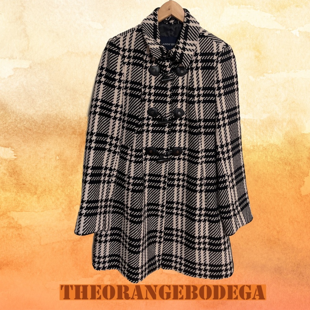 Lands' End Black & Cream Houndstooth Plaid Wool Blend Toggle Button Coat Size 10